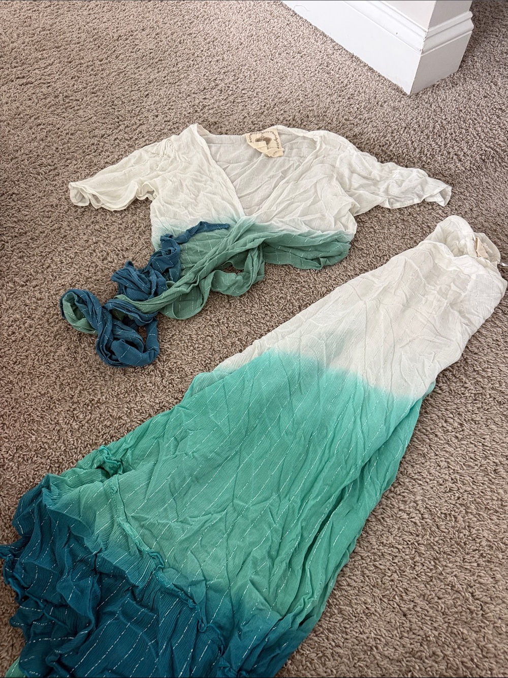 Women's Ombre White to Teal Maxi Skirt and Wrap Top Set